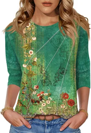 LOMON 3/4 Length Sleeve Womens Tops Spring Summer Fashion 2025 Tops Crew Neck Pleated Shirts Tunic Top Loose Fit