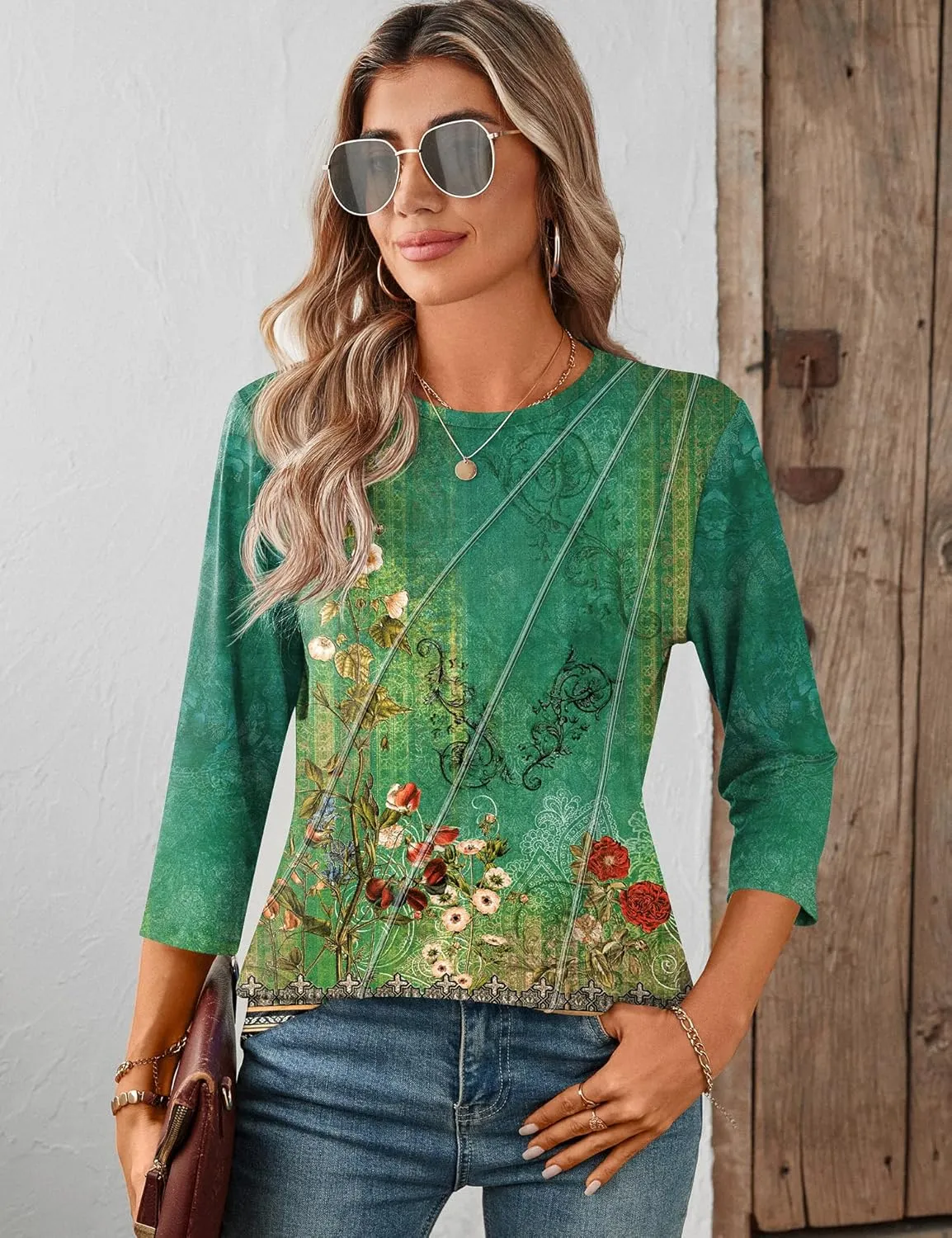LOMON 3/4 Length Sleeve Womens Tops Spring Summer Fashion 2025 Tops Crew Neck Pleated Shirts Tunic Top Loose Fit