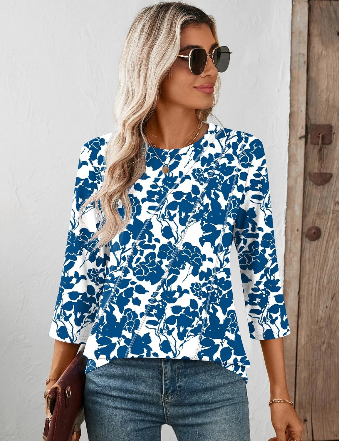 LOMON 3/4 Length Sleeve Womens Tops Spring Summer Fashion 2025 Tops Crew Neck Pleated Shirts Tunic Top Loose Fit