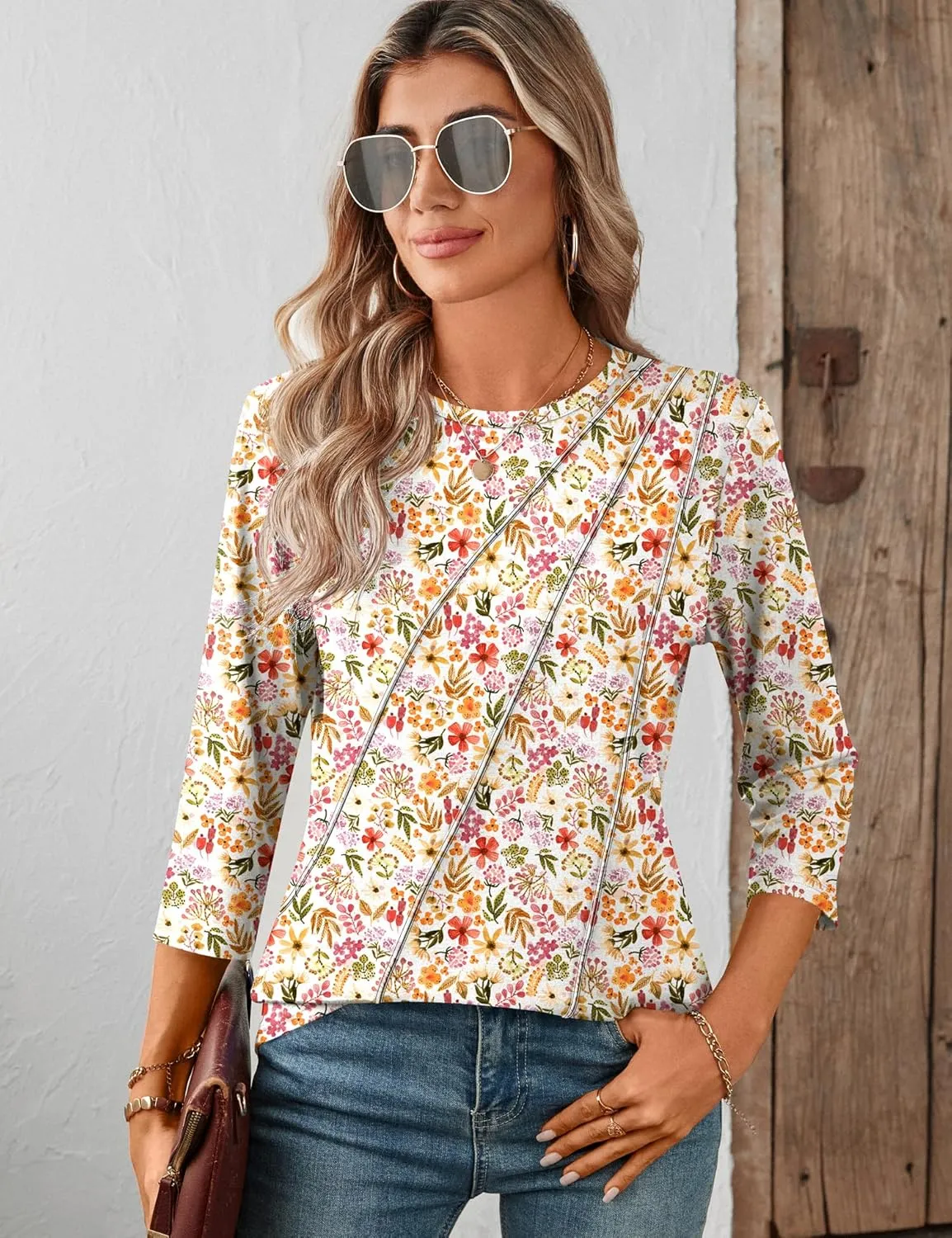 LOMON 3/4 Length Sleeve Womens Tops Spring Summer Fashion 2025 Tops Crew Neck Pleated Shirts Tunic Top Loose Fit