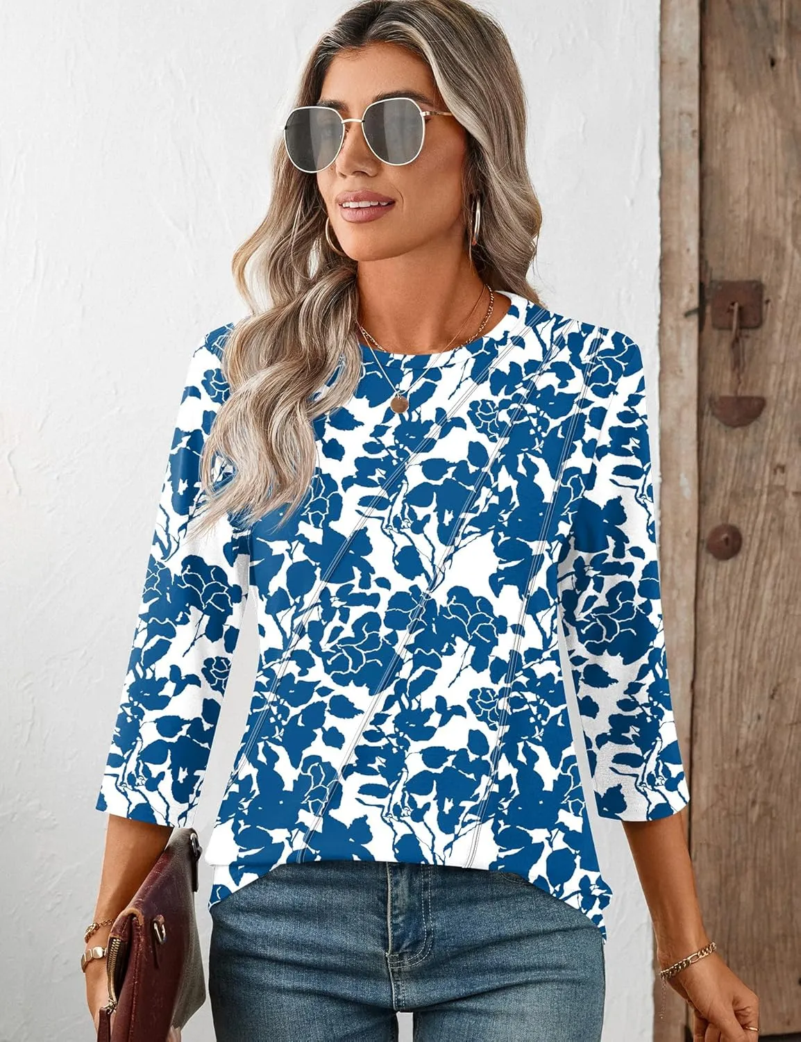 LOMON 3/4 Length Sleeve Womens Tops Spring Summer Fashion 2025 Tops Crew Neck Pleated Shirts Tunic Top Loose Fit