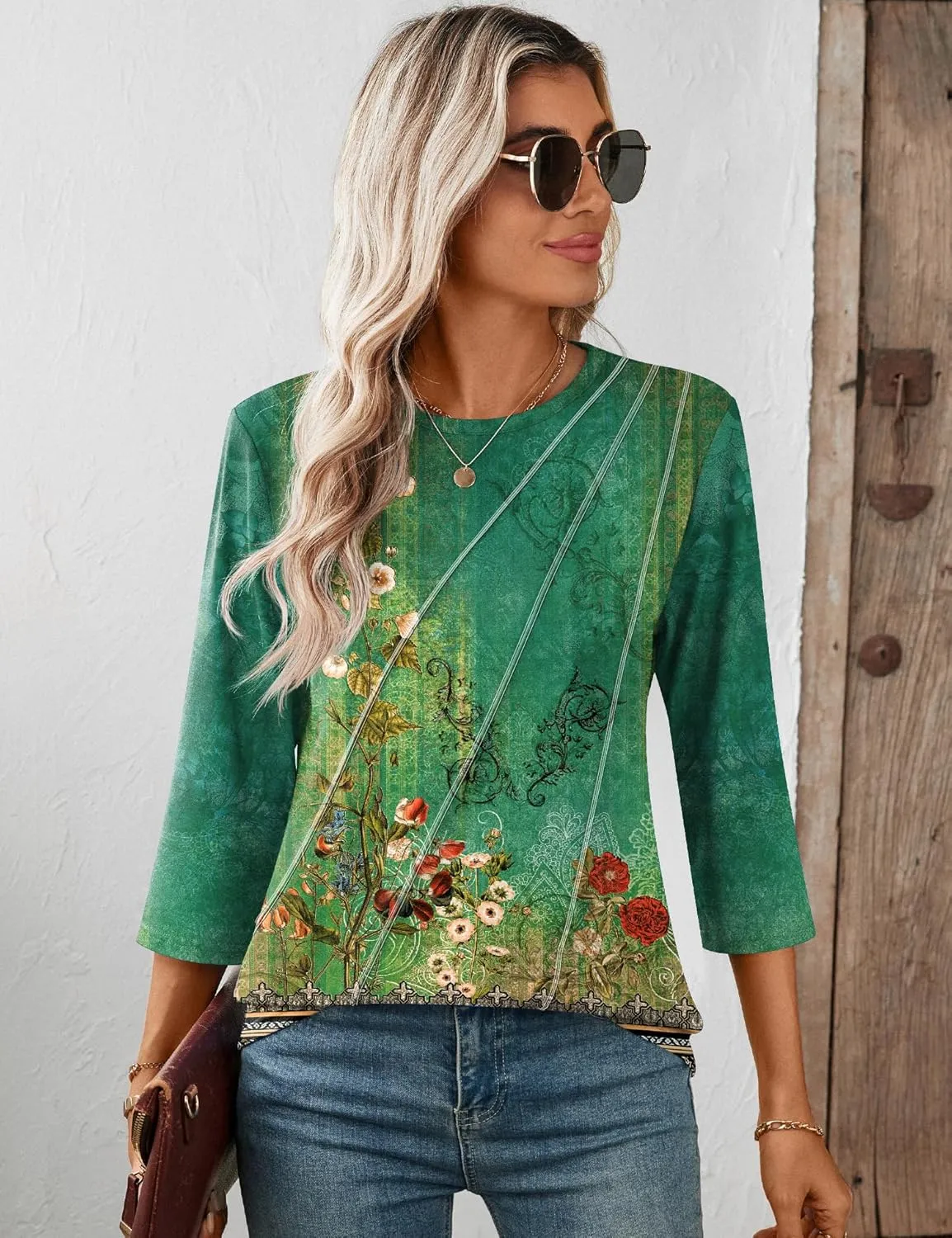 LOMON 3/4 Length Sleeve Womens Tops Spring Summer Fashion 2025 Tops Crew Neck Pleated Shirts Tunic Top Loose Fit