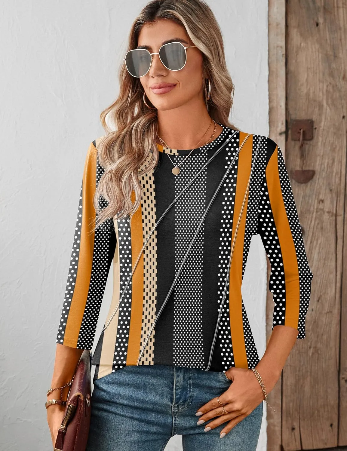 LOMON 3/4 Length Sleeve Womens Tops Spring Summer Fashion 2025 Tops Crew Neck Pleated Shirts Tunic Top Loose Fit