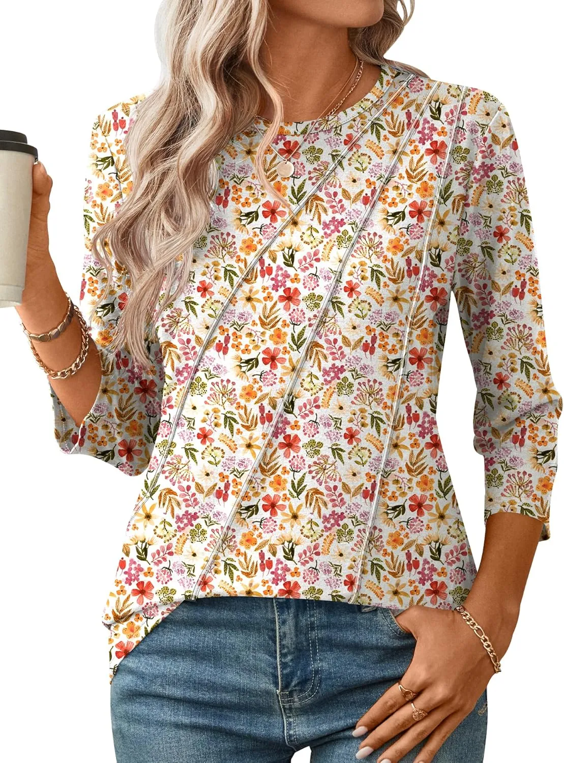 LOMON 3/4 Length Sleeve Womens Tops Spring Summer Fashion 2025 Tops Crew Neck Pleated Shirts Tunic Top Loose Fit