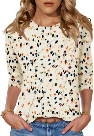 LOMON 3/4 Length Sleeve Womens Tops Spring Summer Fashion 2025 Tops Crew Neck Pleated Shirts Tunic Top Loose Fit