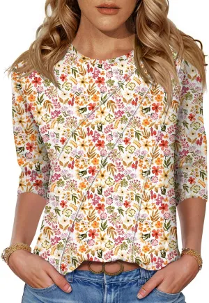 LOMON 3/4 Length Sleeve Womens Tops Spring Summer Fashion 2025 Tops Crew Neck Pleated Shirts Tunic Top Loose Fit