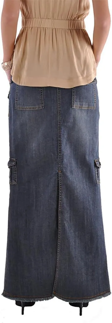 Long Denim Skirts for Women Slit Back Vintage Cargo Jean Skirts High Waist Frayed Multi Pockets Maxi Denim Skirts