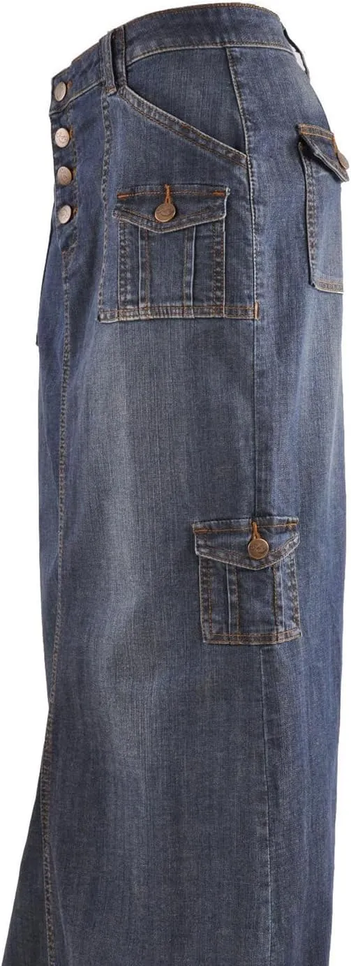 Long Denim Skirts for Women Slit Back Vintage Cargo Jean Skirts High Waist Frayed Multi Pockets Maxi Denim Skirts