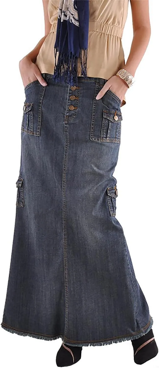 Long Denim Skirts for Women Slit Back Vintage Cargo Jean Skirts High Waist Frayed Multi Pockets Maxi Denim Skirts