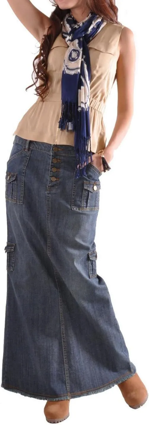 Long Denim Skirts for Women Slit Back Vintage Cargo Jean Skirts High Waist Frayed Multi Pockets Maxi Denim Skirts