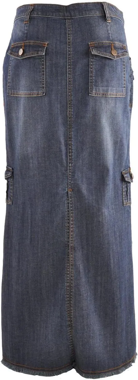 Long Denim Skirts for Women Slit Back Vintage Cargo Jean Skirts High Waist Frayed Multi Pockets Maxi Denim Skirts