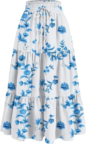 Long Skirts for Women 2025 Summer Floral Print Pleated Dress High Waist A Line Maxi Skirts Beach Flowy Boho Dresses