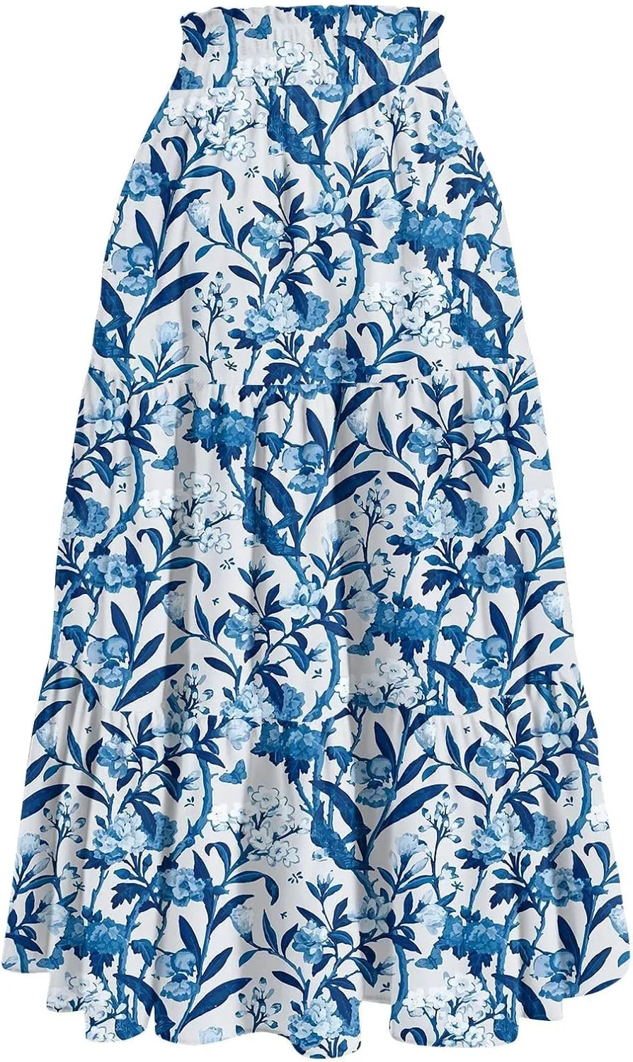 Long Skirts for Women Maxi Boho Summer Floral Print A Line Skirts Drawstring Elastic High Waist Pleated Tiered Skirt