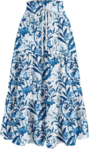 Long Skirts for Women Maxi Boho Summer Floral Print A Line Skirts Drawstring Elastic High Waist Pleated Tiered Skirt