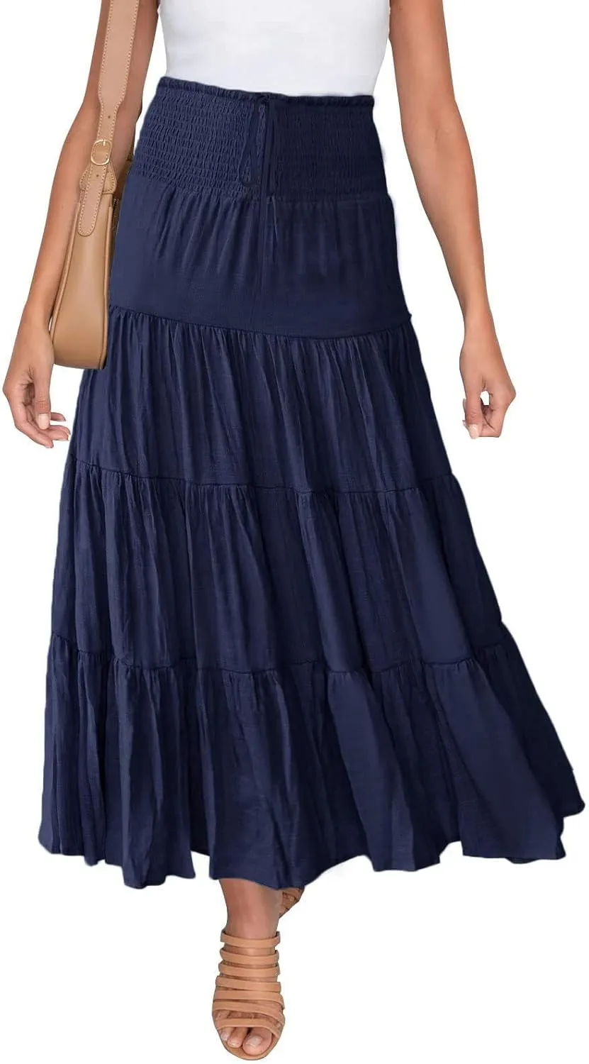 Long Skirts for Women Summer 2025 Casual Boho High Waisted Casual A Line Skirt Pleated Beach Flowy Swing Maxi Skirt
