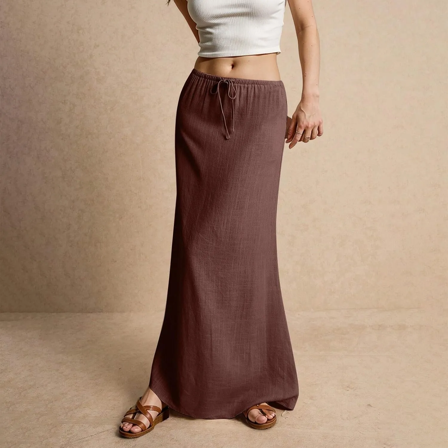 Long Skirts for Women Womens Linen Maxi Skirt with Slit Comfy Drawstring Low Rise Flowy Skirts Plus Size Summer