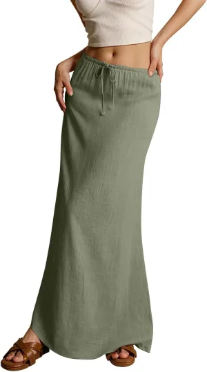Long Skirts for Women Womens Linen Maxi Skirt with Slit Comfy Drawstring Low Rise Flowy Skirts Plus Size Summer