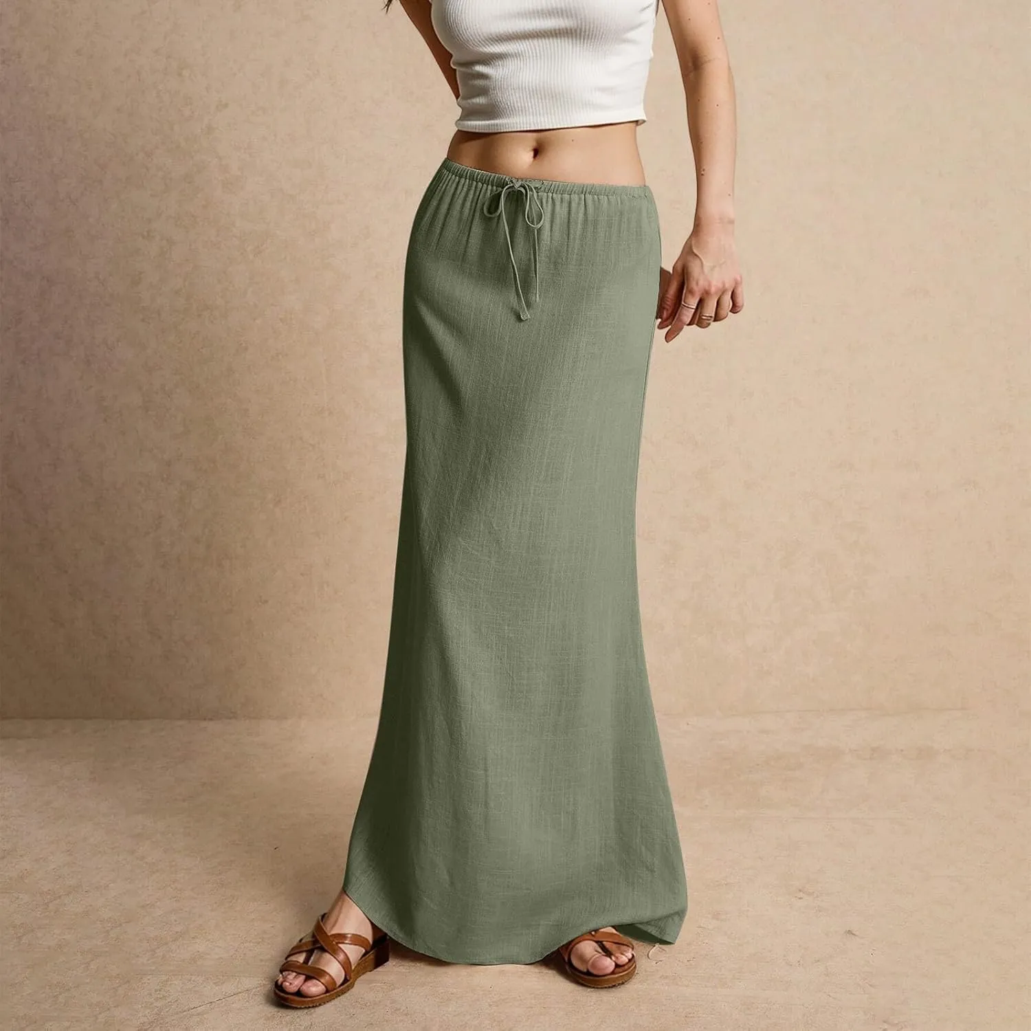 Long Skirts for Women Womens Linen Maxi Skirt with Slit Comfy Drawstring Low Rise Flowy Skirts Plus Size Summer