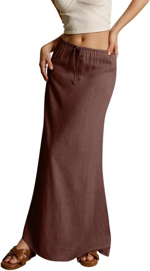 Long Skirts for Women Womens Linen Maxi Skirt with Slit Comfy Drawstring Low Rise Flowy Skirts Plus Size Summer