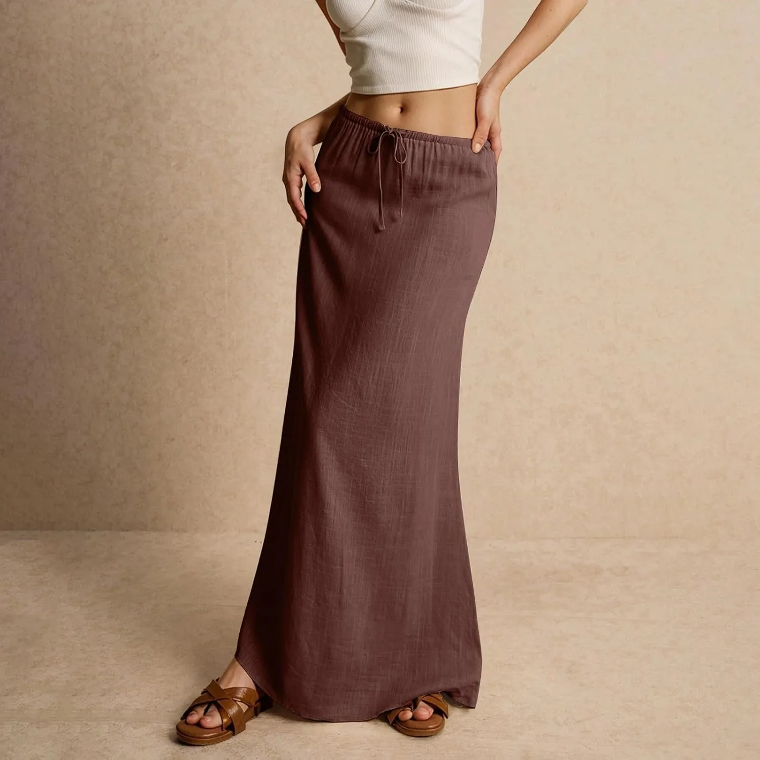 Long Skirts for Women Womens Linen Maxi Skirt with Slit Comfy Drawstring Low Rise Flowy Skirts Plus Size Summer