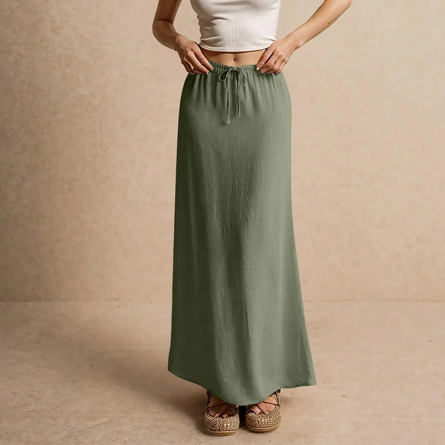 Long Skirts for Women Womens Linen Maxi Skirt with Slit Comfy Drawstring Low Rise Flowy Skirts Plus Size Summer
