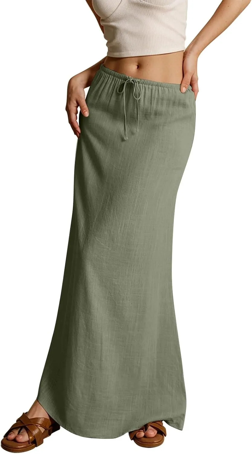 Long Skirts for Women Womens Linen Maxi Skirt with Slit Comfy Drawstring Low Rise Flowy Skirts Plus Size Summer