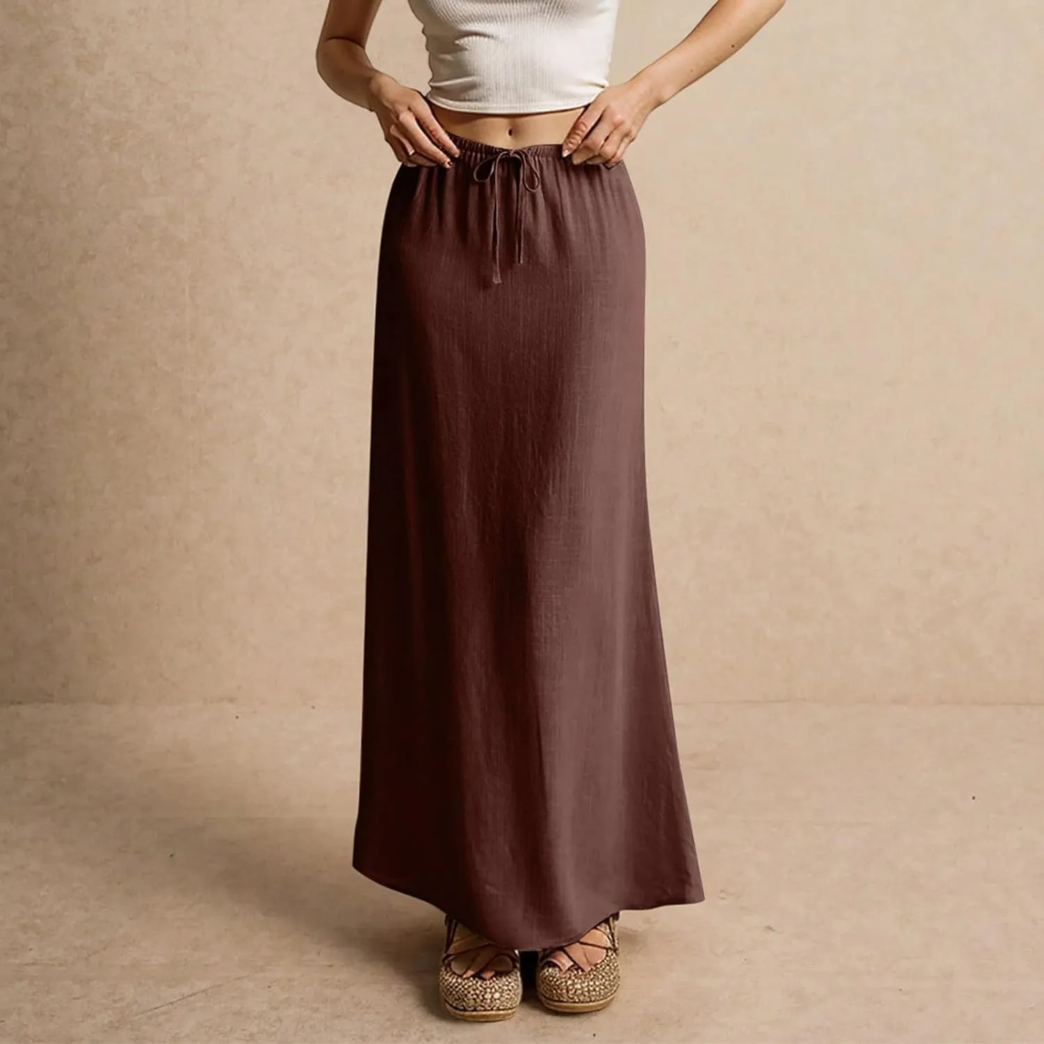 Long Skirts for Women Womens Linen Maxi Skirt with Slit Comfy Drawstring Low Rise Flowy Skirts Plus Size Summer