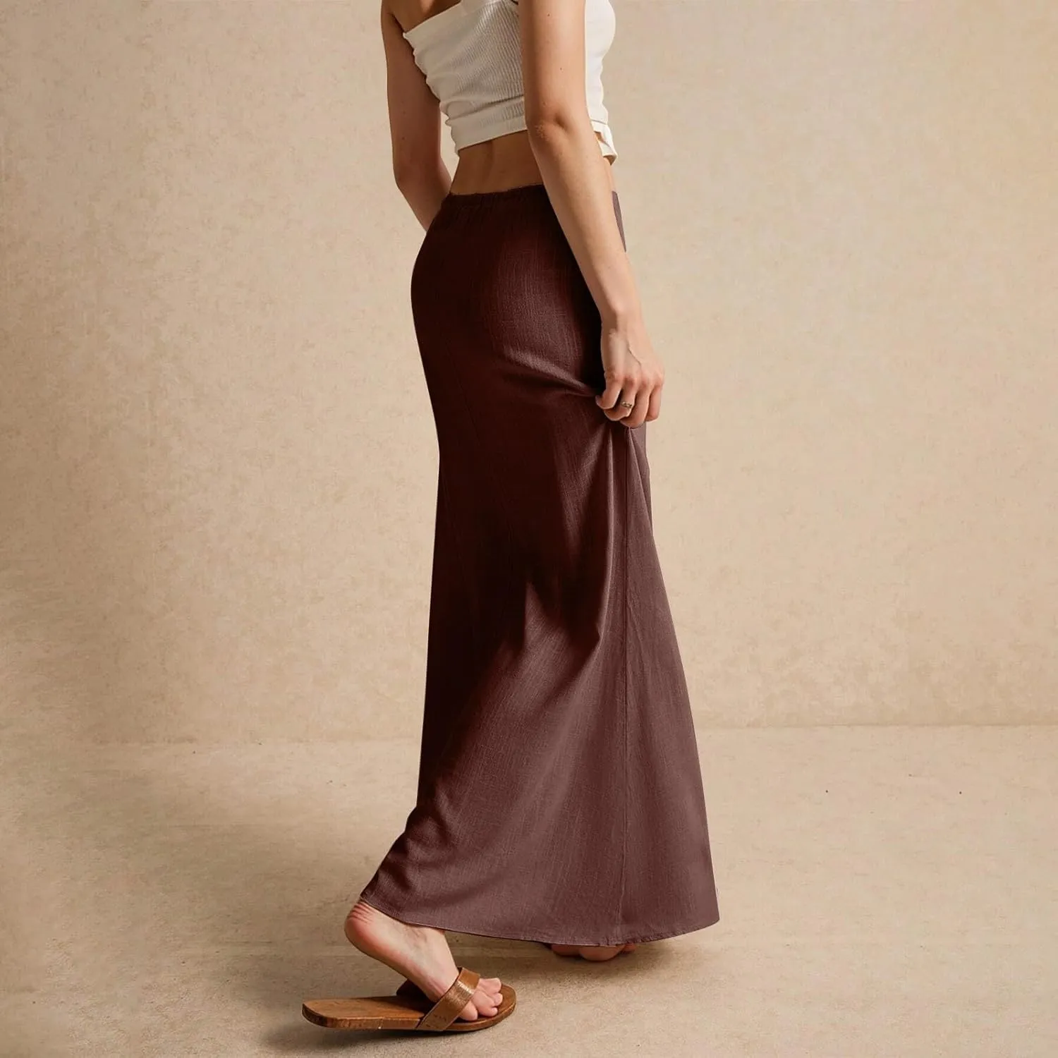 Long Skirts for Women Womens Linen Maxi Skirt with Slit Comfy Drawstring Low Rise Flowy Skirts Plus Size Summer