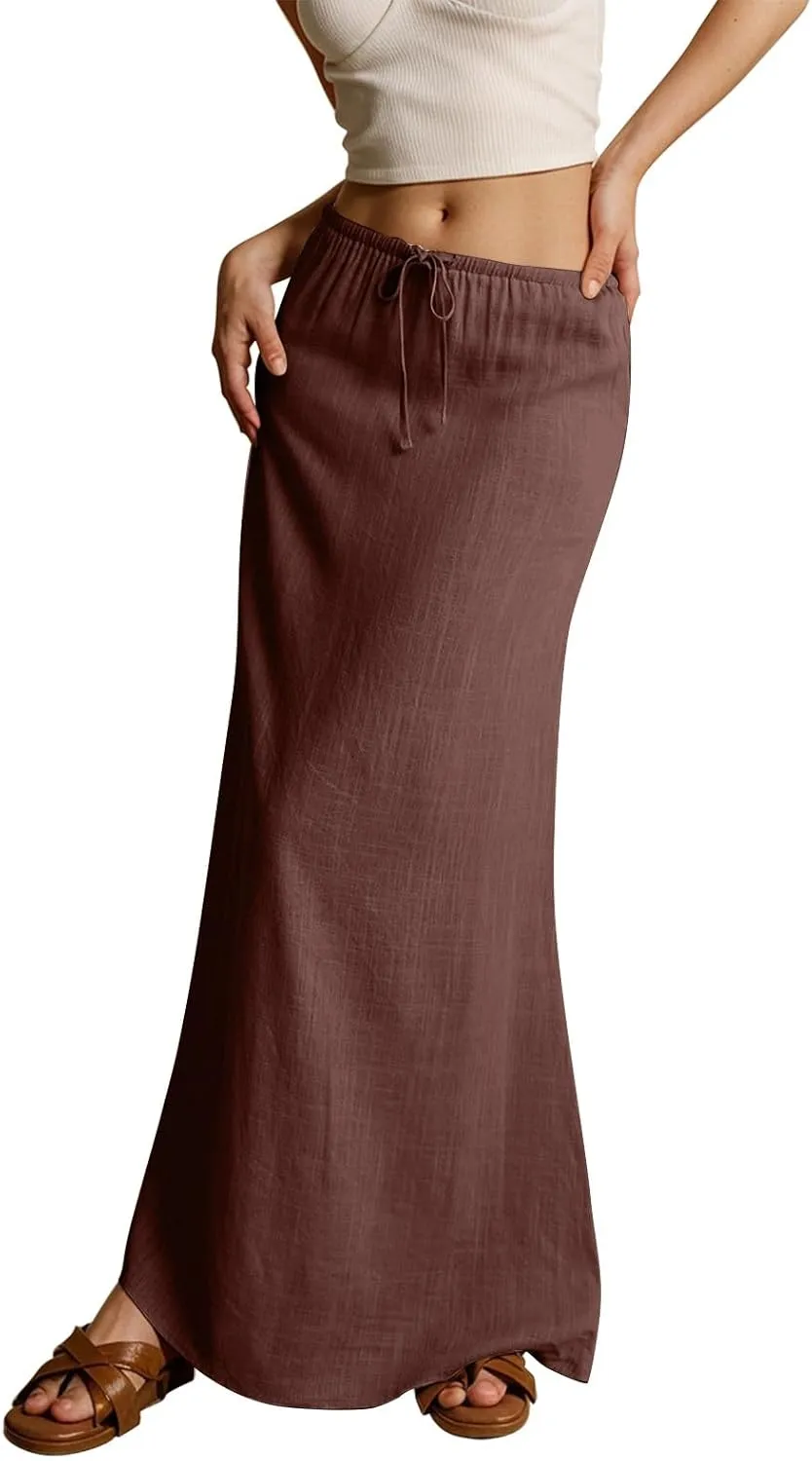 Long Skirts for Women Womens Linen Maxi Skirt with Slit Comfy Drawstring Low Rise Flowy Skirts Plus Size Summer