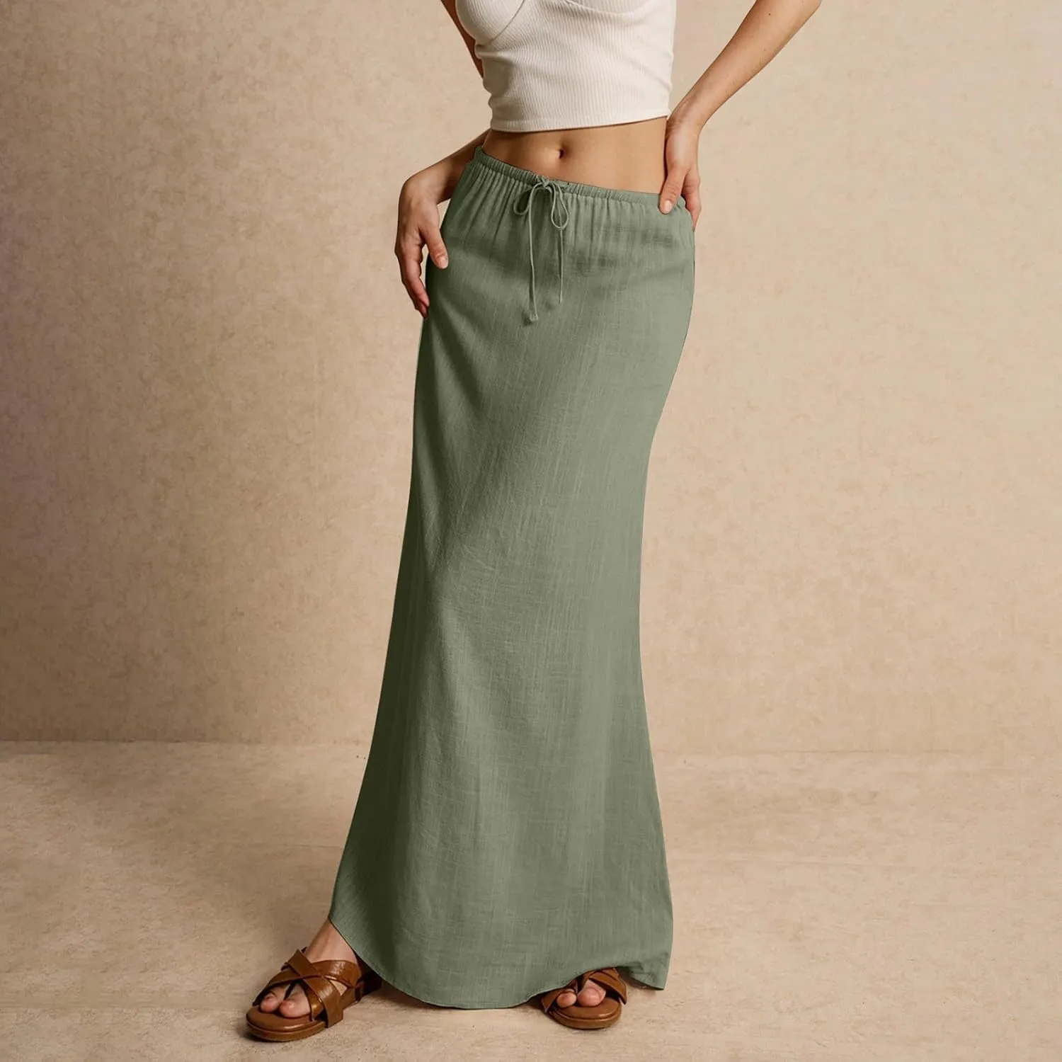 Long Skirts for Women Womens Linen Maxi Skirt with Slit Comfy Drawstring Low Rise Flowy Skirts Plus Size Summer