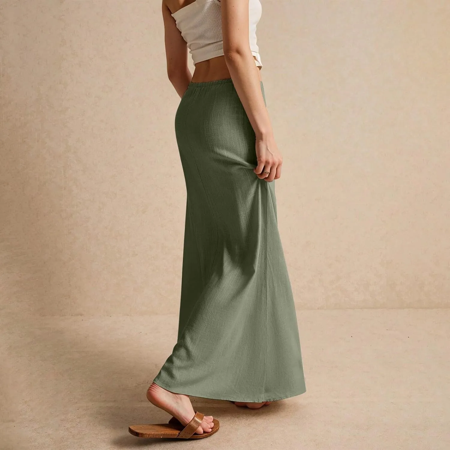 Long Skirts for Women Womens Linen Maxi Skirt with Slit Comfy Drawstring Low Rise Flowy Skirts Plus Size Summer
