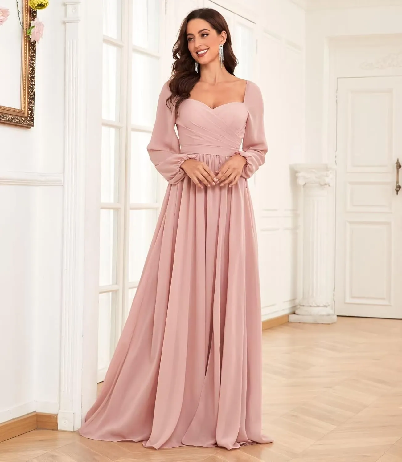 Long Sleeve Chiffon Bridesmaid Dresses for Wedding Sweetheart Formal Evening Gowns with Slit