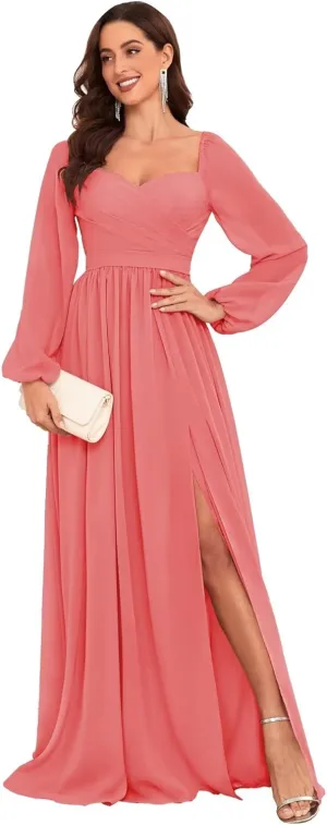 Long Sleeve Chiffon Bridesmaid Dresses for Wedding Sweetheart Formal Evening Gowns with Slit
