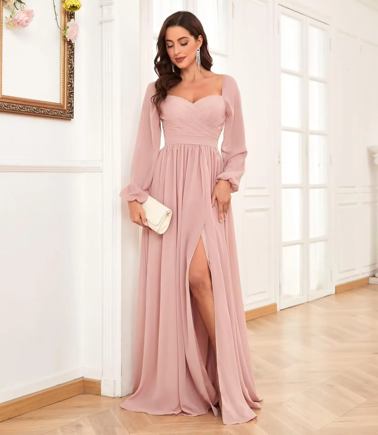Long Sleeve Chiffon Bridesmaid Dresses for Wedding Sweetheart Formal Evening Gowns with Slit