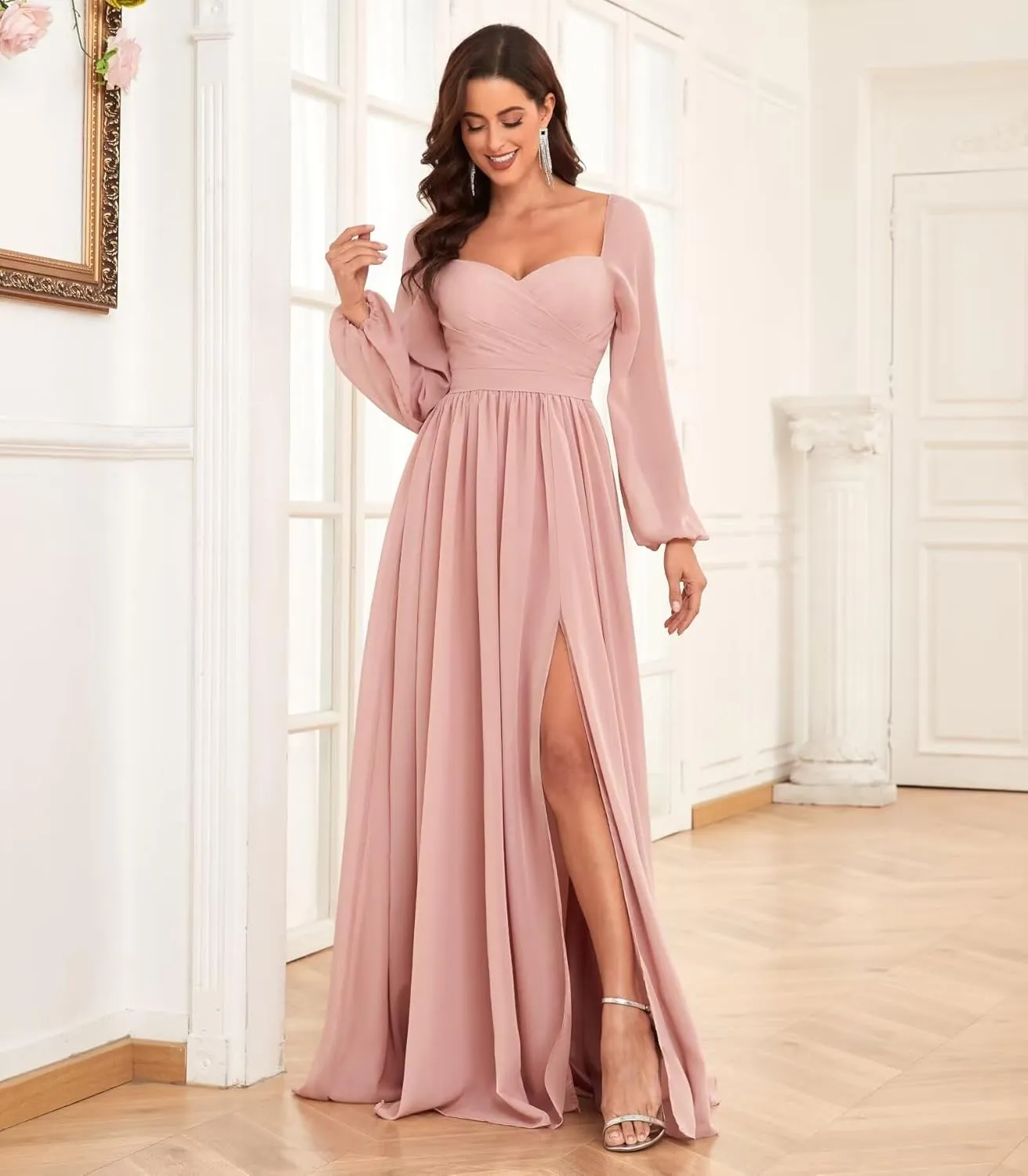 Long Sleeve Chiffon Bridesmaid Dresses for Wedding Sweetheart Formal Evening Gowns with Slit