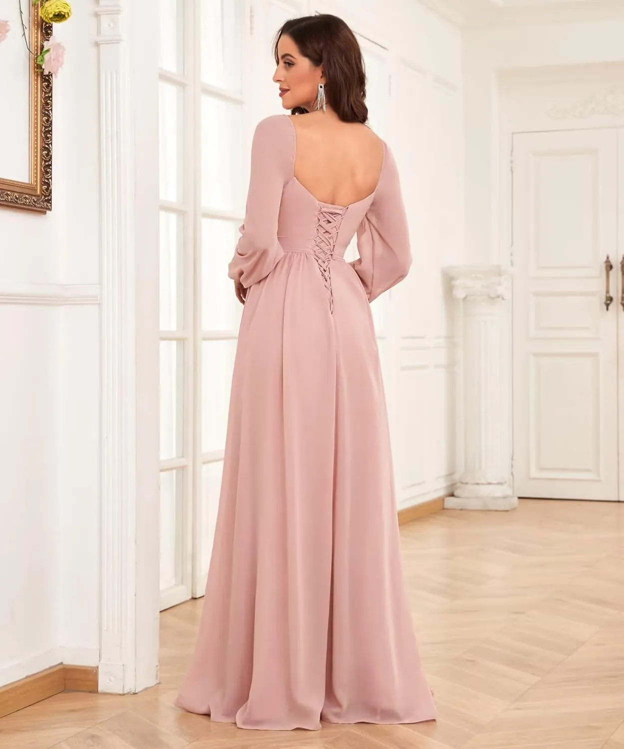 Long Sleeve Chiffon Bridesmaid Dresses for Wedding Sweetheart Formal Evening Gowns with Slit