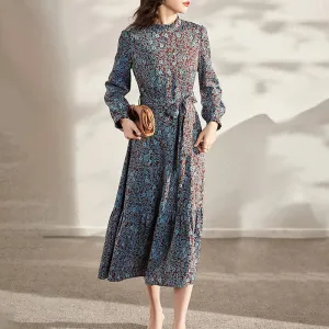 Long Sleeves Vintage Floral Chiffon Midi Dress with Belt