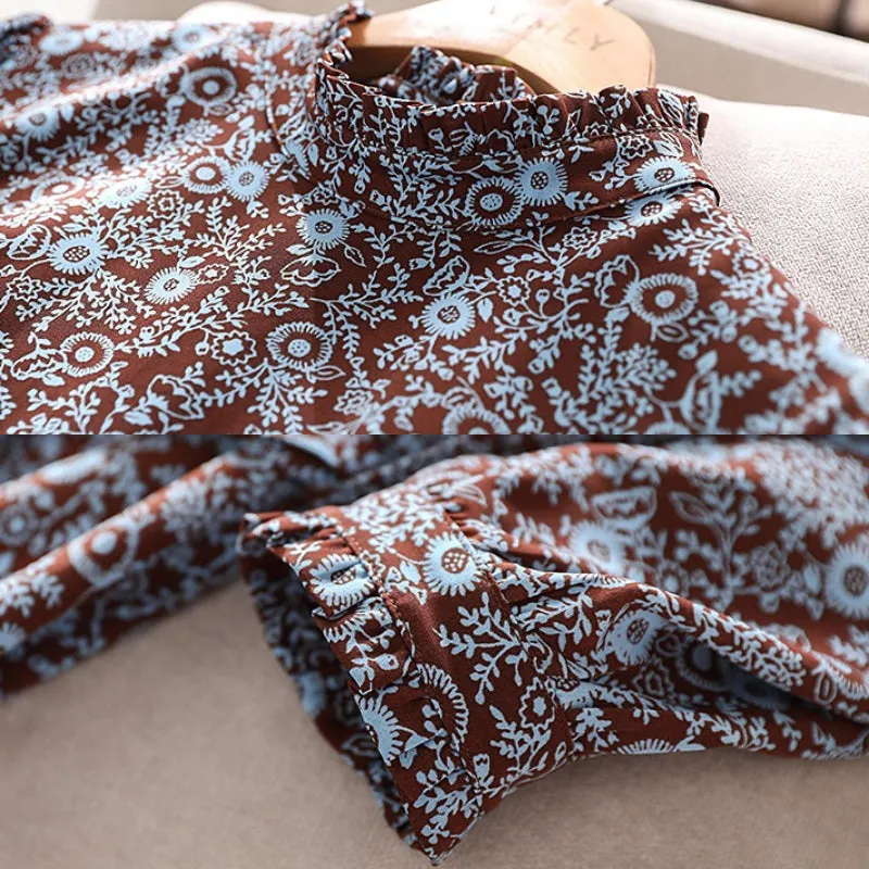 Long Sleeves Vintage Floral Chiffon Midi Dress with Belt