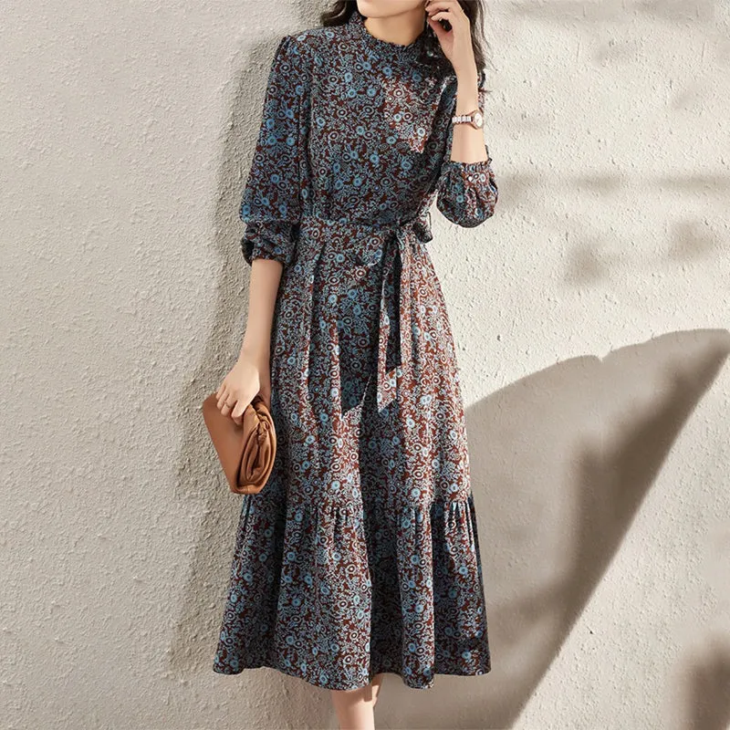 Long Sleeves Vintage Floral Chiffon Midi Dress with Belt