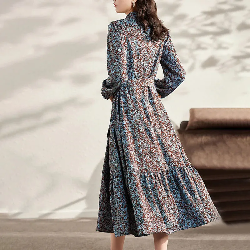 Long Sleeves Vintage Floral Chiffon Midi Dress with Belt
