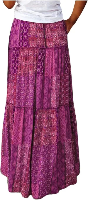 Lpmadey Women Bohemian Style Ruffle Long Skirts Chiffon Summer Beach Pleated Elastic High Waisted Maxi Skirts with Pockets