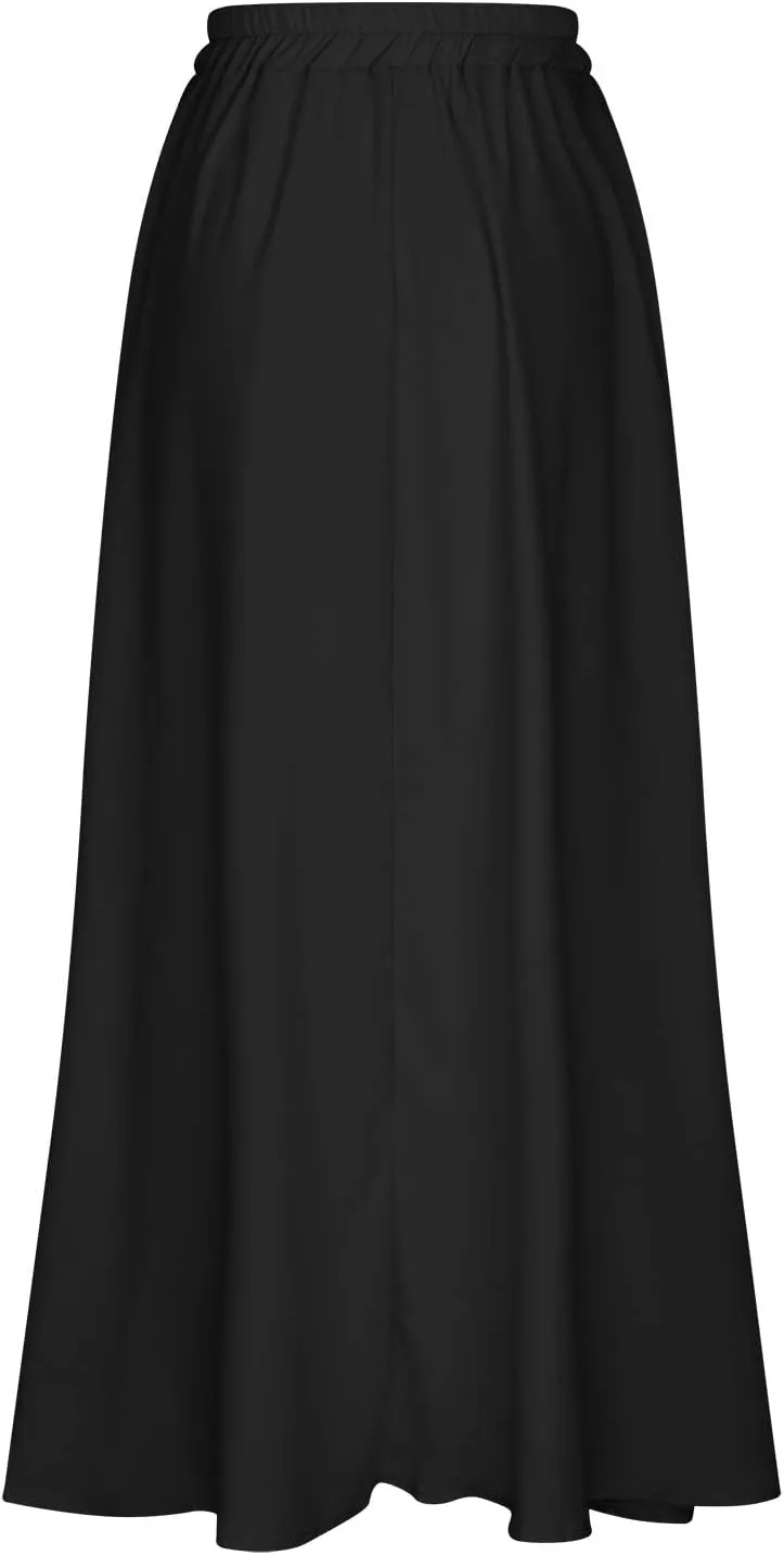 Lpmadey Women's Summer Boho Elastic Waist Pleated A-Line Flowy Swing Tiered Long Beach Skirt Dress with Pockets 2024 New