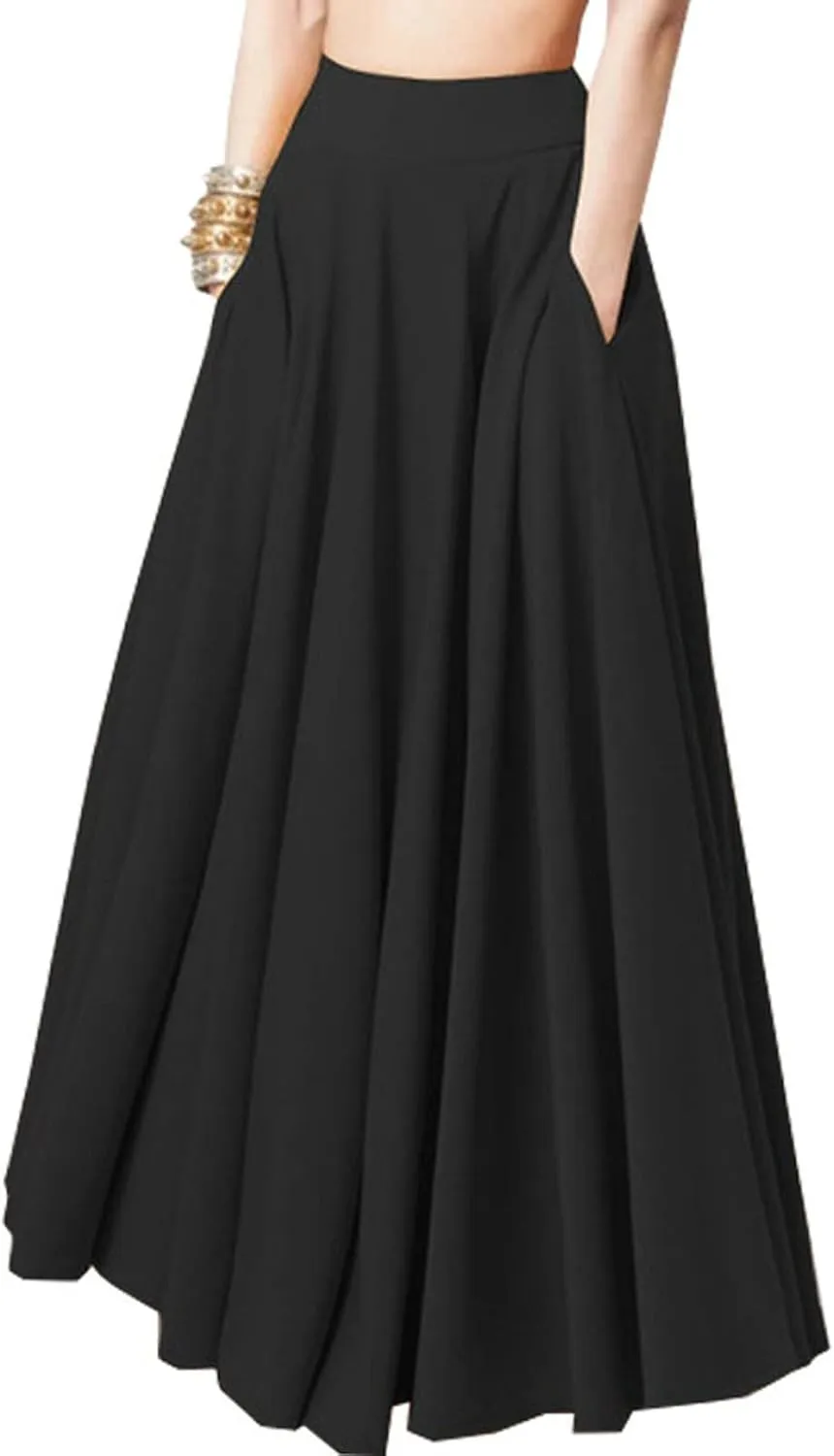Lpmadey Women's Summer Boho Elastic Waist Pleated A-Line Flowy Swing Tiered Long Beach Skirt Dress with Pockets 2024 New