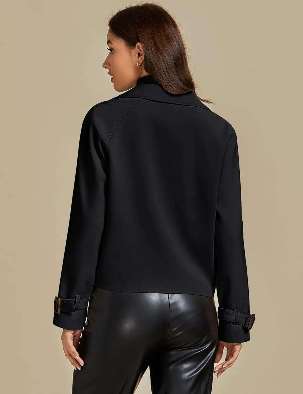 luvamia Cropped Trench Coat for Women Long Sleeve Double Breasted Notched Lapel Casual Loose Fit Jackets with Pockets