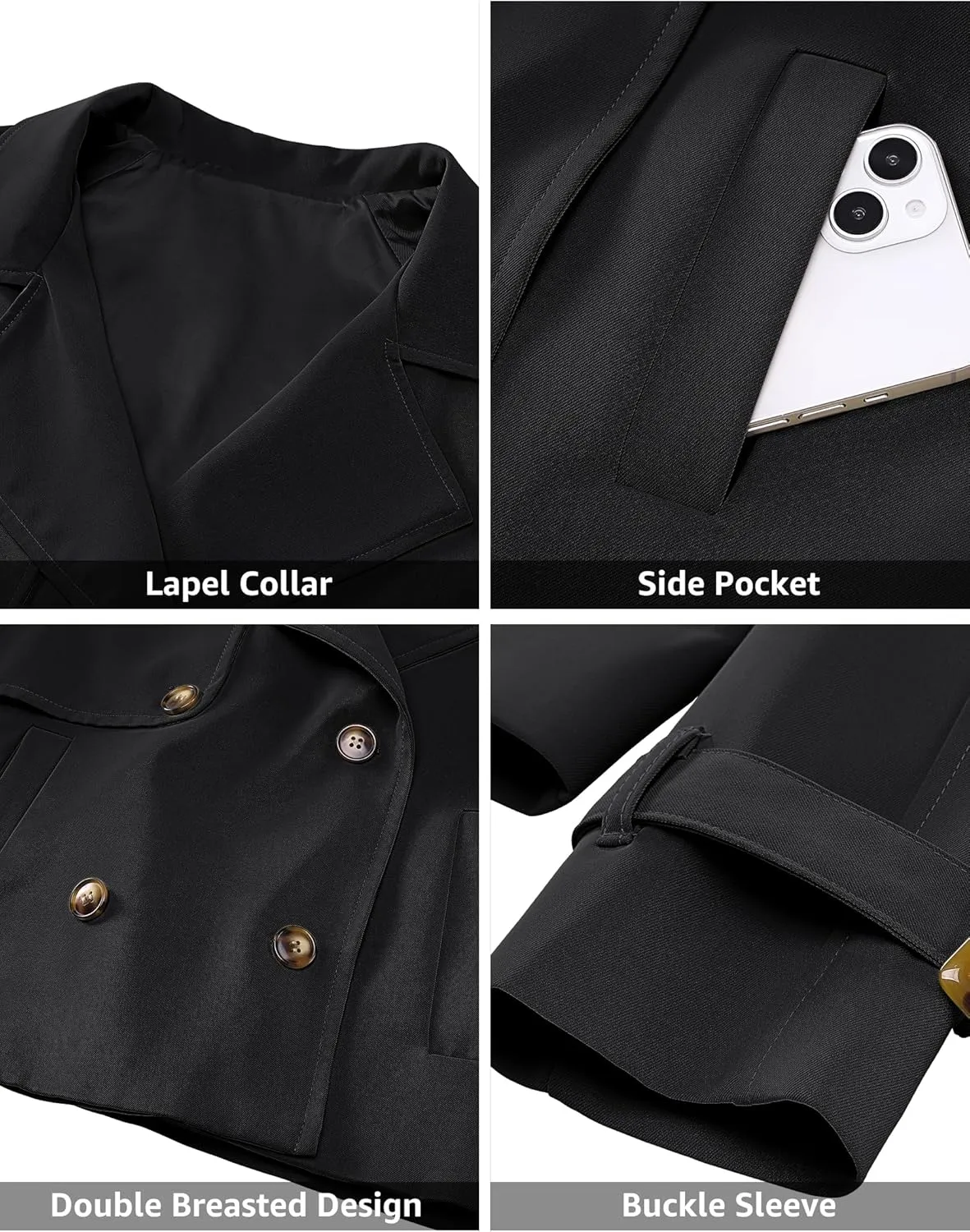 luvamia Cropped Trench Coat for Women Long Sleeve Double Breasted Notched Lapel Casual Loose Fit Jackets with Pockets