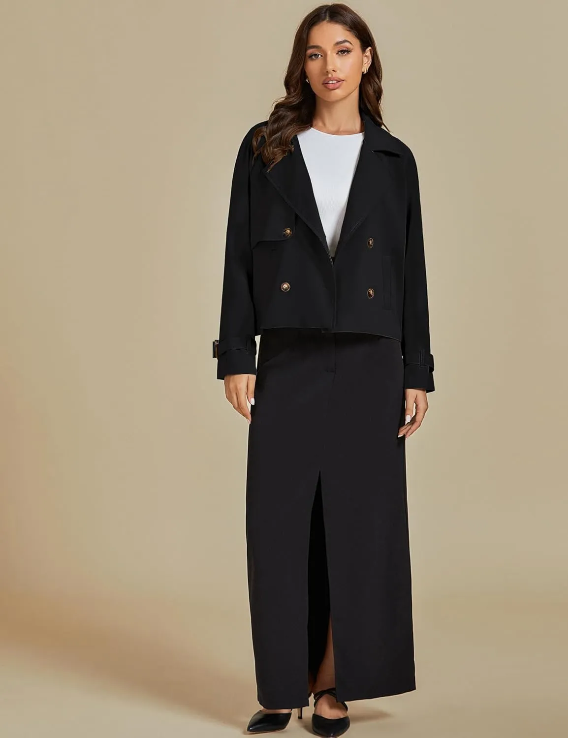 luvamia Cropped Trench Coat for Women Long Sleeve Double Breasted Notched Lapel Casual Loose Fit Jackets with Pockets
