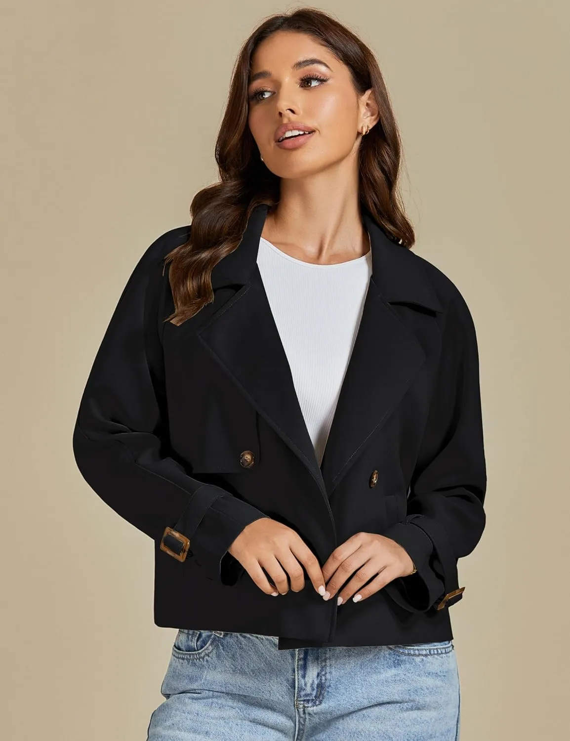 luvamia Cropped Trench Coat for Women Long Sleeve Double Breasted Notched Lapel Casual Loose Fit Jackets with Pockets