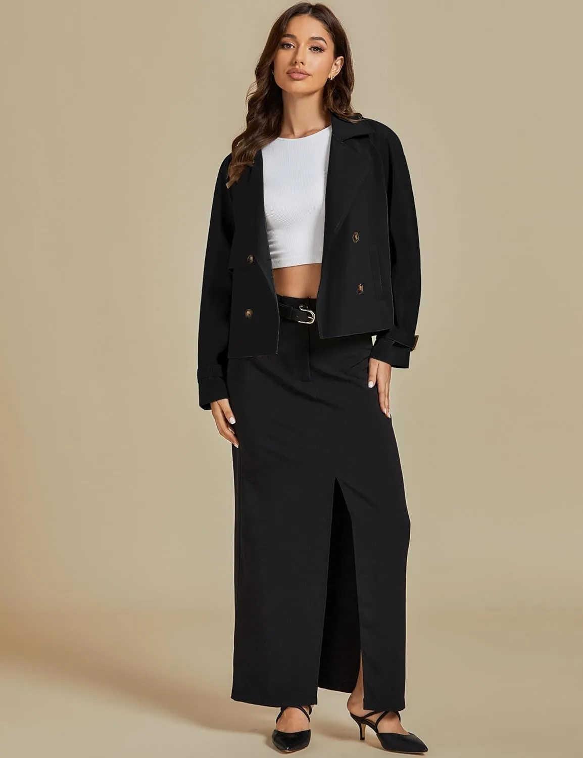 luvamia Cropped Trench Coat for Women Long Sleeve Double Breasted Notched Lapel Casual Loose Fit Jackets with Pockets