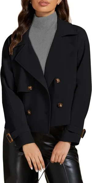 luvamia Cropped Trench Coat for Women Long Sleeve Double Breasted Notched Lapel Casual Loose Fit Jackets with Pockets