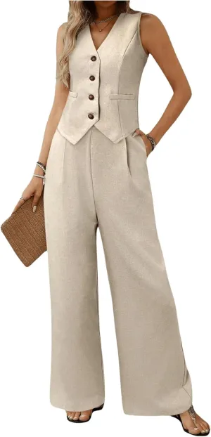 MakeMeChic Women's 2 Piece Outfit Sleeveless Button Down Vest Blazer and Wide Leg Pants Suit Matching Set